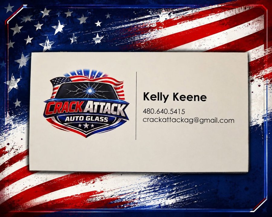 Crack Attack Auto Glass business card: Kelly Keene, 480.640.5415, crackattactag@gmail.com
